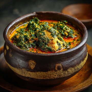 Authentic Nigerian Egusi Soup with Eba and Bitter Leaf in Traditional Clay Pot