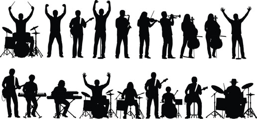 Large collection of black musician silhouettes playing various instruments including drums guitar keyboard saxophone violin and cello isolated on white © IconicCreations