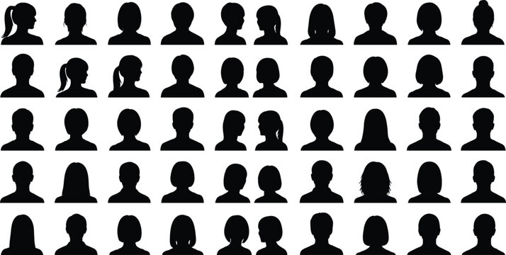 Large collection of black head and shoulder silhouettes representing diverse people avatars for profile pictures and social media icons