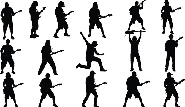 Large collection of black guitar player silhouettes featuring musicians playing electric guitars in various rock and metal poses