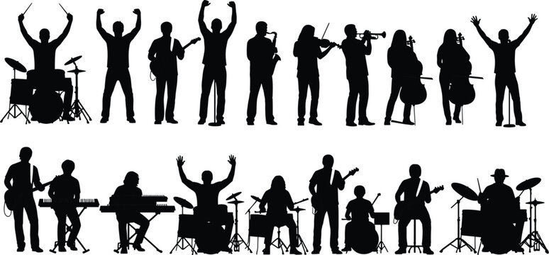 Large collection of black musician silhouettes playing various instruments including drums guitar keyboard saxophone violin and cello isolated on white