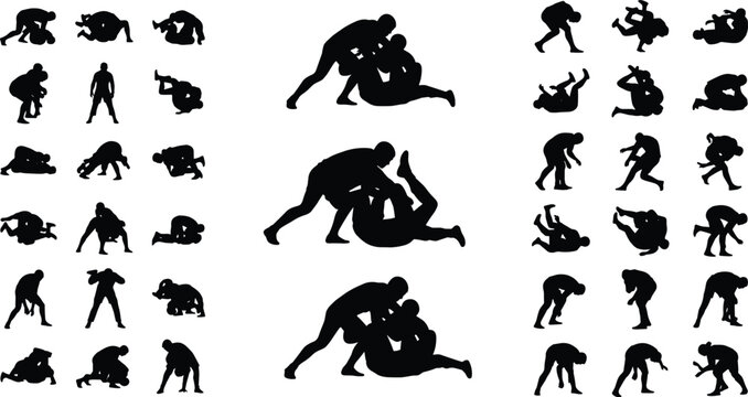 Large collection of black martial arts silhouettes featuring athletes practicing grappling jiu jitsu wrestling and ground fighting maneuvers