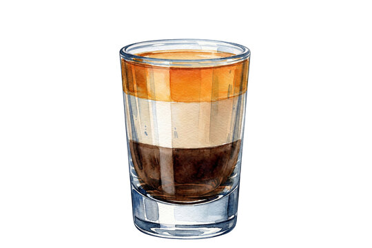 b52 layered cocktail shot with coffee and cream liqueur in a glass watercolor illustration on transparent background