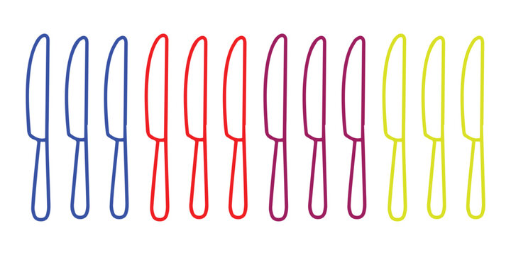 Colorful collection of knives and forks on a white background