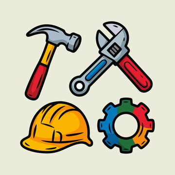 Construction Tools Icon Set &ndash; Helmet Hammer Wrench and Gear Vector Collection
