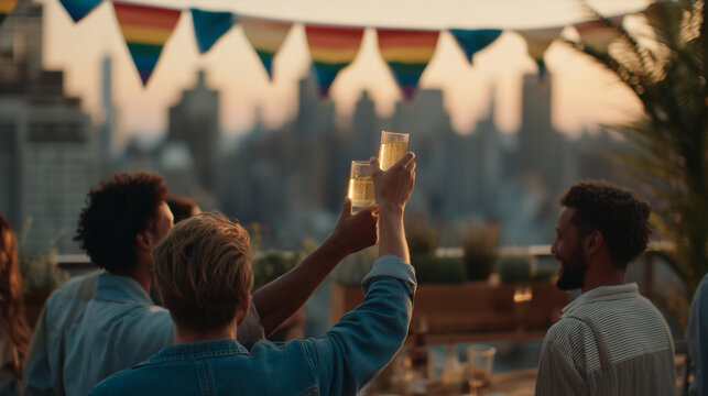 Diverse group of friends raising glasses at a rooftop pride reception as city skyline glows during golden hour, rainbow pennant bunting strung between iron posts, potted succulents lining parapet wa