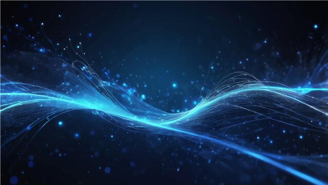 An abstract image featuring ethereal waves of vibrant blue light, interwoven with glowing particles, dance across a dark, nebulous backdrop, evoking a sense of cosmic energy and digital innovation.