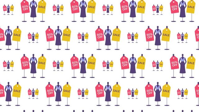 Fashion retail animated pattern; mannequins with sale tags for clothing store and apparel discount marketing.