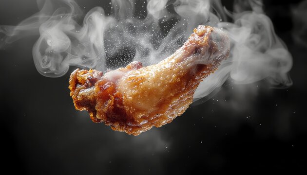 Crispy Fried Chicken Wing with Steam on Dark Background.
