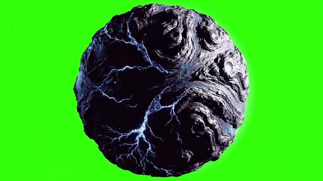 Unknown Planet with Blue Lightning Veins on Chroma Key Green Screen