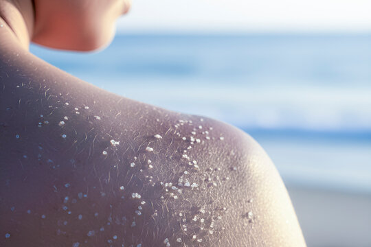 Person's shoulder with salt crystals after swimming in sea