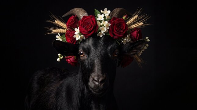 black goat adorned with floral wreath against dark background
