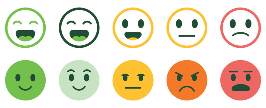 Feedback emoticons face icon set, happy and sad reactions, good and bad review emojis, mood face rating symbols for survey, customer satisfaction and user experience feedback vector