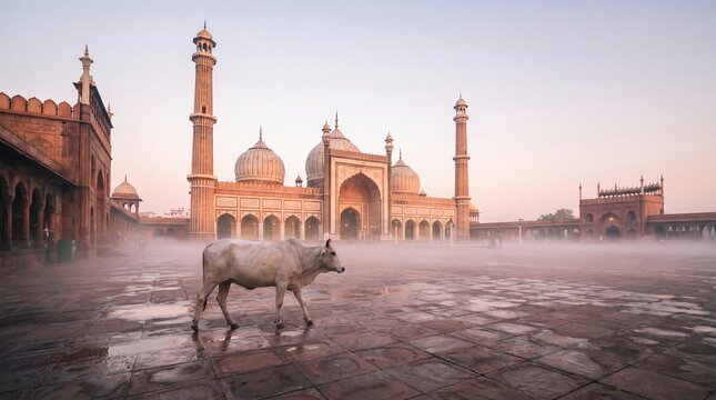 white cow strolls through misty jama masjid courtyard at dawn