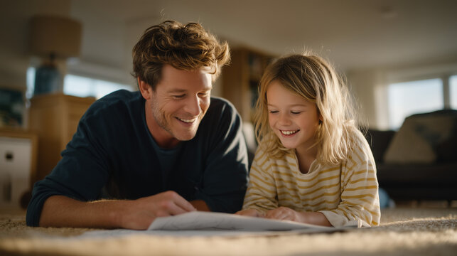Father and teenage daughter building flat-pack furniture together in suburban living room on Father's Day morning, instruction sheets spread on floor, laughter mid-assembly, intergenerational bondin