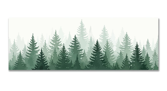 A serene forest landscape illustration with various green pine trees on a white background