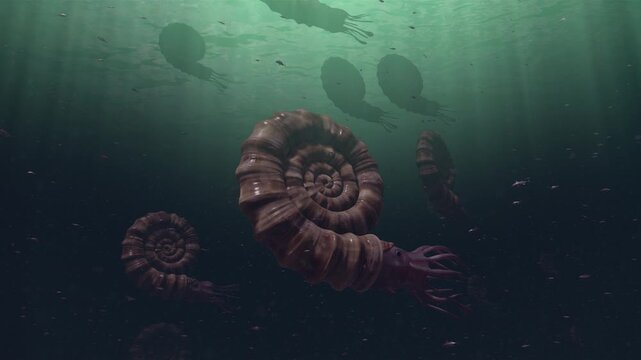 A detailed, atmospheric frame from a video showing a prehistoric ammonite, a shelled cephalopod, swimming gracefully in deep blue-green ocean water.