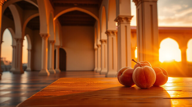 A richly golden wooden table adorned with plump, sun-kissed peaches glistening in the warm hues of a sunset. Each peach seems to emanate a sweet, ripe fragrance, inviting one to bask in the abundance 