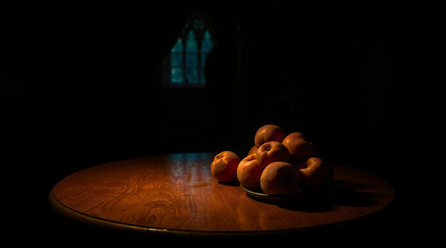 A richly golden wooden table adorned with plump, sun-kissed peaches glistening in the warm hues of a sunset. Each peach seems to emanate a sweet, ripe fragrance, inviting one to bask in the abundance 