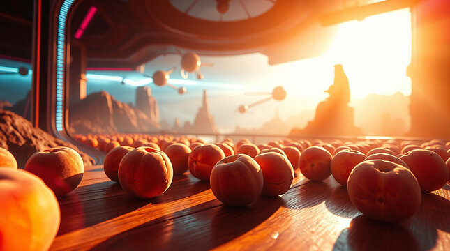 A richly golden wooden table adorned with plump, sun-kissed peaches glistening in the warm hues of a sunset. Each peach seems to emanate a sweet, ripe fragrance, inviting one to bask in the abundance 