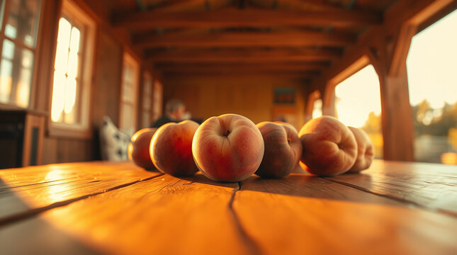 A richly golden wooden table adorned with plump, sun-kissed peaches glistening in the warm hues of a sunset. Each peach seems to emanate a sweet, ripe fragrance, inviting one to bask in the abundance 