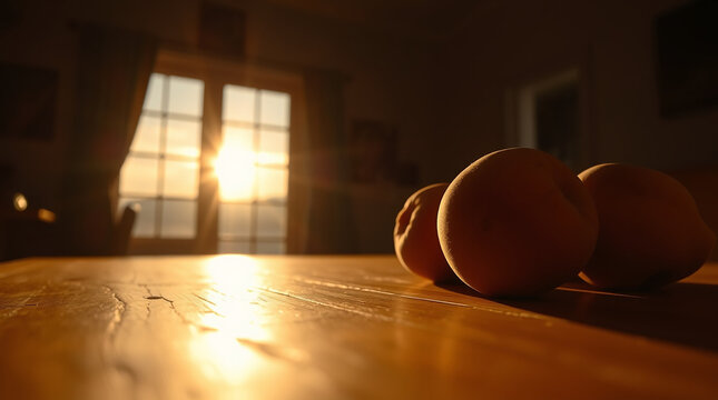 A richly golden wooden table adorned with plump, sun-kissed peaches glistening in the warm hues of a sunset. Each peach seems to emanate a sweet, ripe fragrance, inviting one to bask in the abundance 