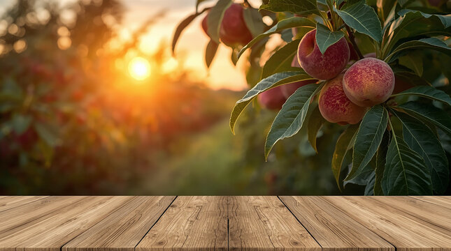 A richly golden wooden table adorned with plump, sun-kissed peaches glistening in the warm hues of a sunset. Each peach seems to emanate a sweet, ripe fragrance, inviting one to bask in the abundance 