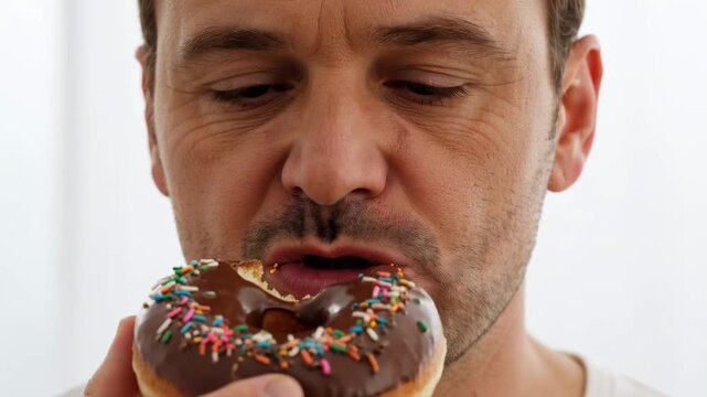 Close up portrait of adult man biting into a chocolate glazed donut with rainbow sprinkles, indulgent food moment.
