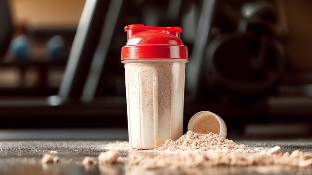 A protein shaker bottle with a red lid stands on a gym floor next to a scoop and spilled powder, suggesting a pre or post-workout supplement routine.
