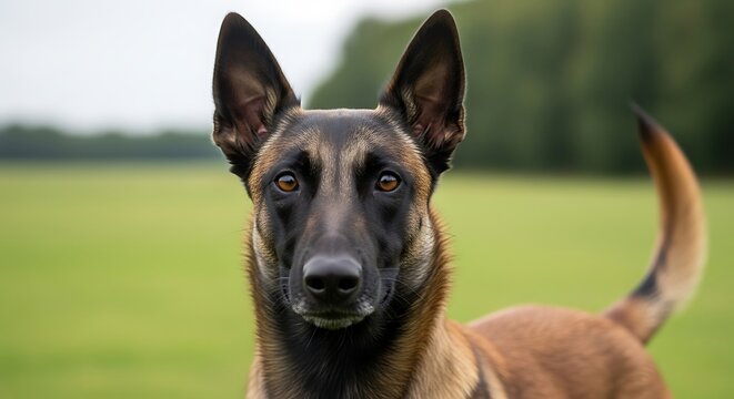 Focused Belgian Malinois dog with alert eyes, outdoors, cropped head and shoulders
