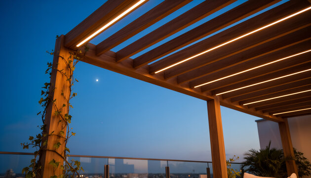 modern wooden pergola structure with integrated warm led strip lighting on luxury rooftop terrace at dusk with moon in sky for outdoor backyard patio design and architecture concept