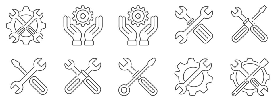 Gear settings and tools icon collection, service engineering symbols representing configuration, maintenance, and technical support, vector