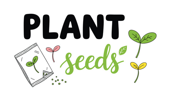 Plant seeds, gardening icons, green sprouts, seed packet, vector illustration