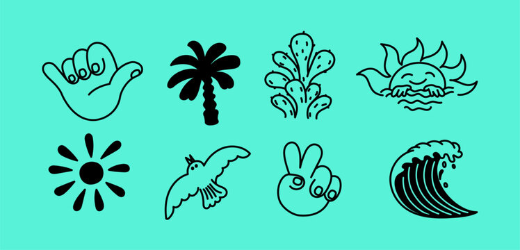 Vector hand drawn doodle cartoon illustration, surfer mascot character, playful creative modern sketch design for branding, advertising, t-shirt prints, posters, stickers