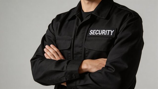 A security guard in a black uniform with a confident expression and arms crossed
