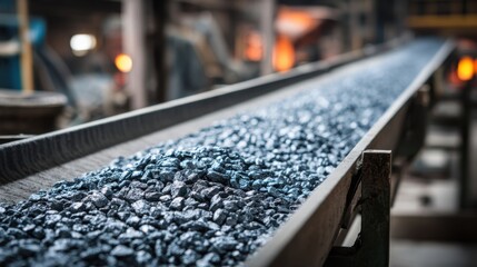 Fototapeta premium Industrial conveyor belt transporting coal ore in a mining processing plant