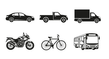 Naklejka premium Vehicles including a car, truck, van, motorcycle, bicycle, and bus represent a diverse collection of modern transportation icons.