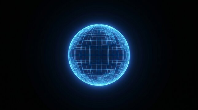 Glowing blue wireframe globe on dark background with grid lines and futuristic neon light effect