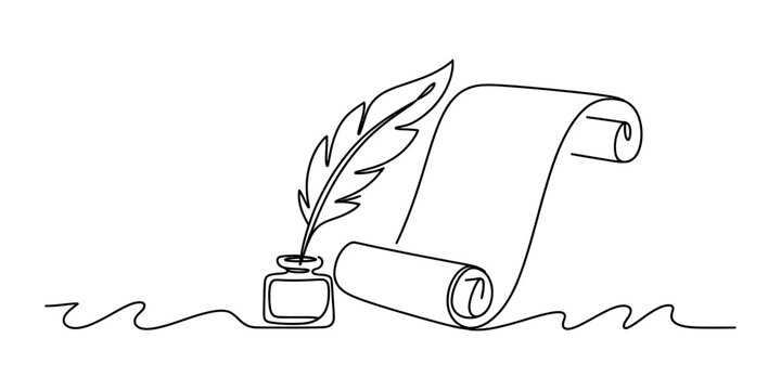 Continuous line drawing of a feather quill ink and scroll