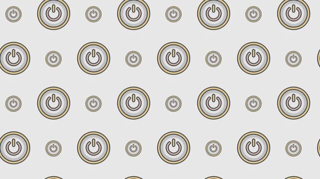 Seamless animated pattern of power buttons on grey; technology startup and digital energy concept background.