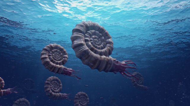 A 3D animation of a group of prehistoric ammonites swimming in a clear blue ocean. Sunlight glimmers through the water, illuminating their shells and tentacles against a backdrop of a school of fish.