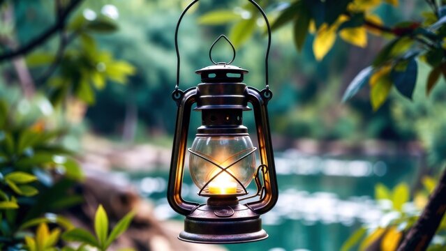 Warm lantern glows softly against lush green backdrop