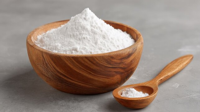 Baking soda powder in a wooden bowl and spoon on a grey textured background