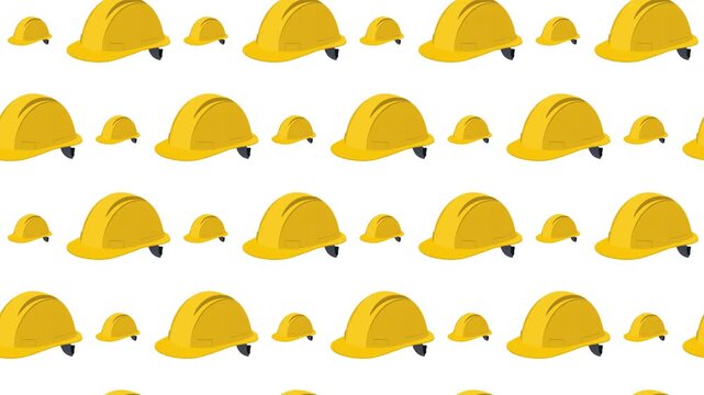 Industrial safety animated pattern with yellow hard hats; construction site and labor protection concept.