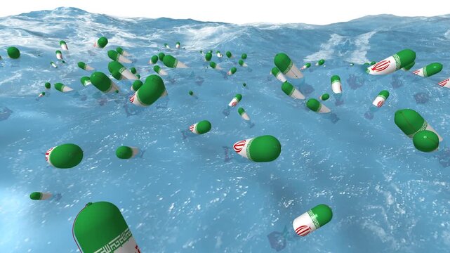 Floating Iranian Bombs Drifting Across Choppy Ocean Waves  Conceptual Warfare Scene
