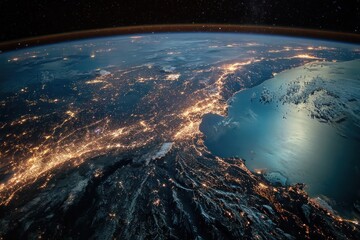 Fototapeta premium Nighttime Earth from Space: Glowing Cities and Frozen Landscapes