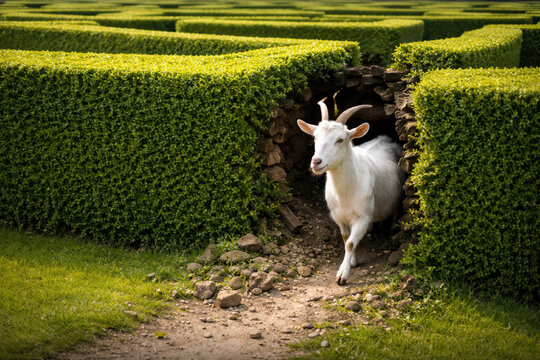 A white goat comes out of the passage in a green labyrinth.