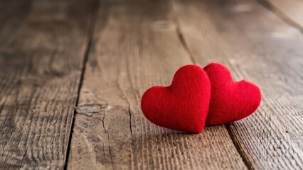 Fototapeta premium Two red hearts rest softly on weathered wooden planks