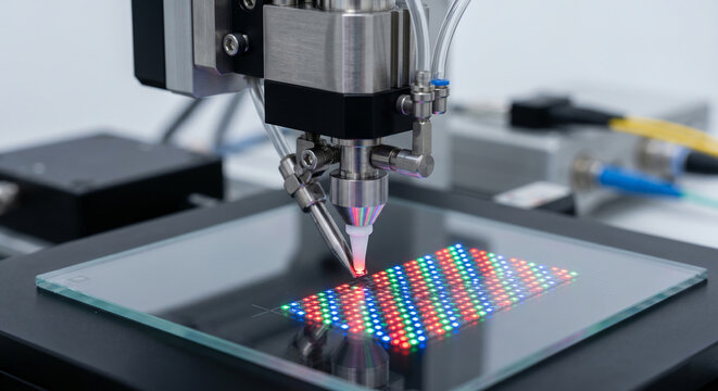 Precision dispensing machine applies material onto micro LED display panel in manufacturing process.