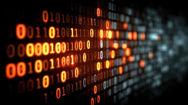 Abstract digital binary code background with glowing orange data stream and motion blur